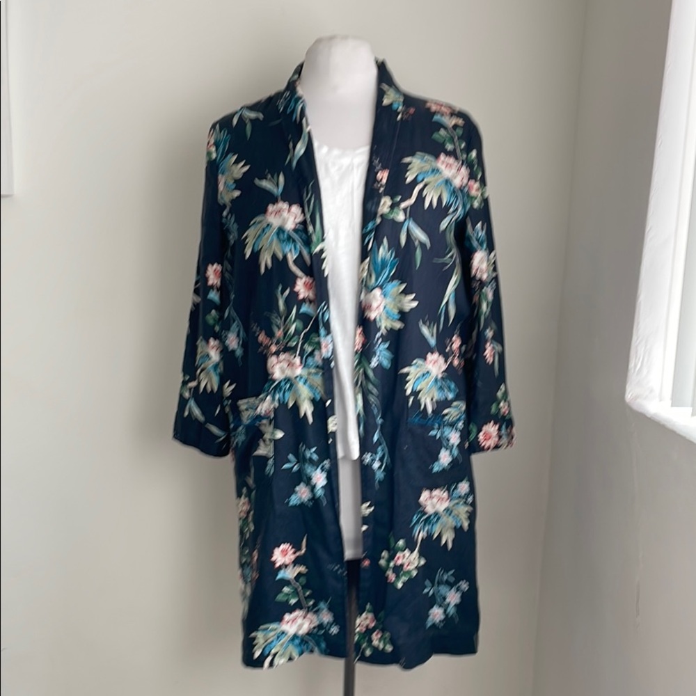 JOHNNY WAS Black Linen Floral Open Front Kimono Jacket XS Boho embroidered